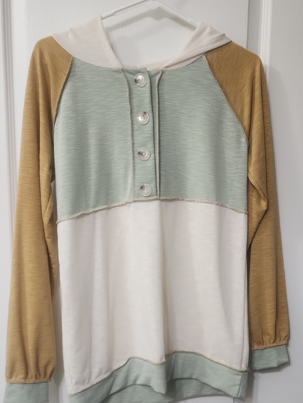 BiBi Green White Mustard Colorblock Hooded Henley